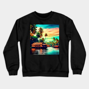 Elegant Kerala natural landscape of coconut trees sunset sky river and houseboat Crewneck Sweatshirt